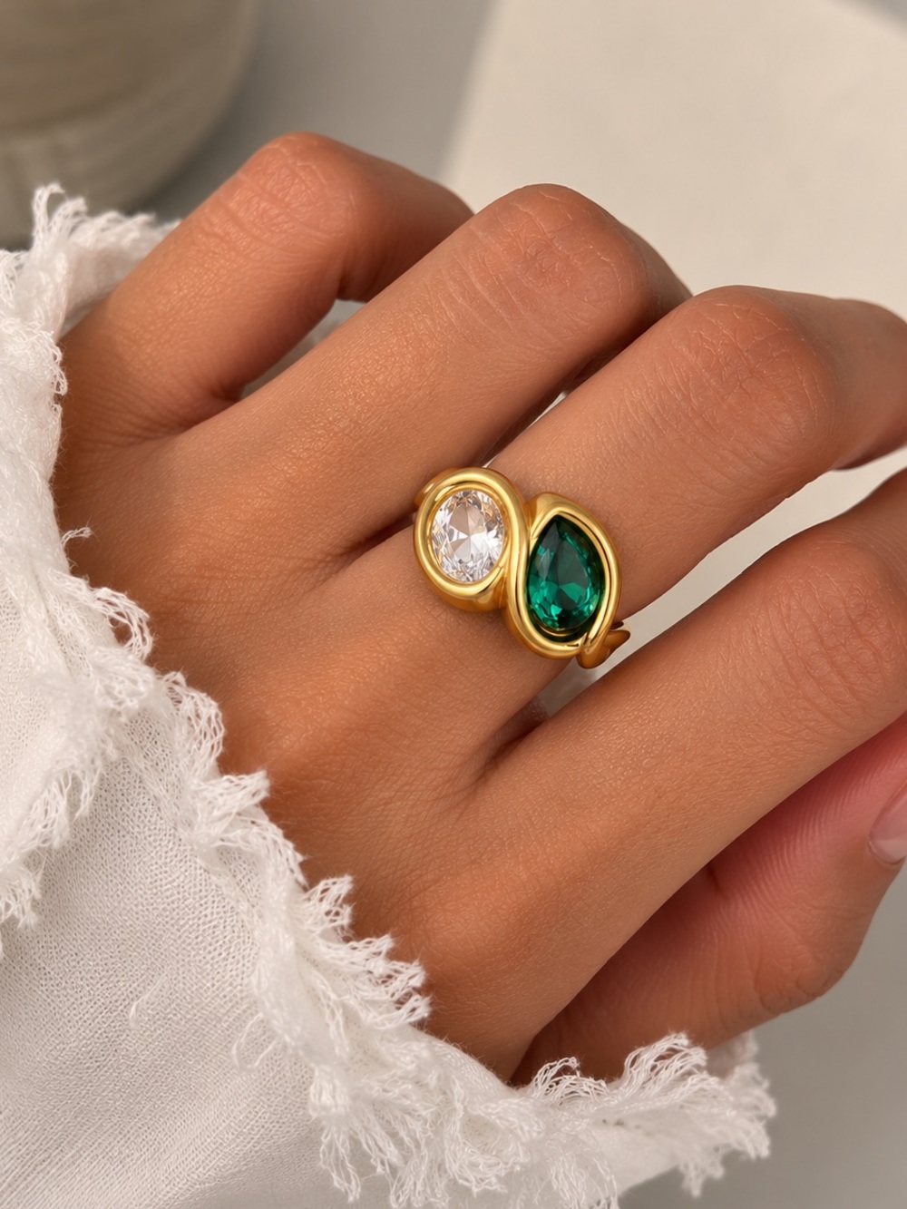18K Gold Plated Emerald Green & Clear Teardrop Statement Ring